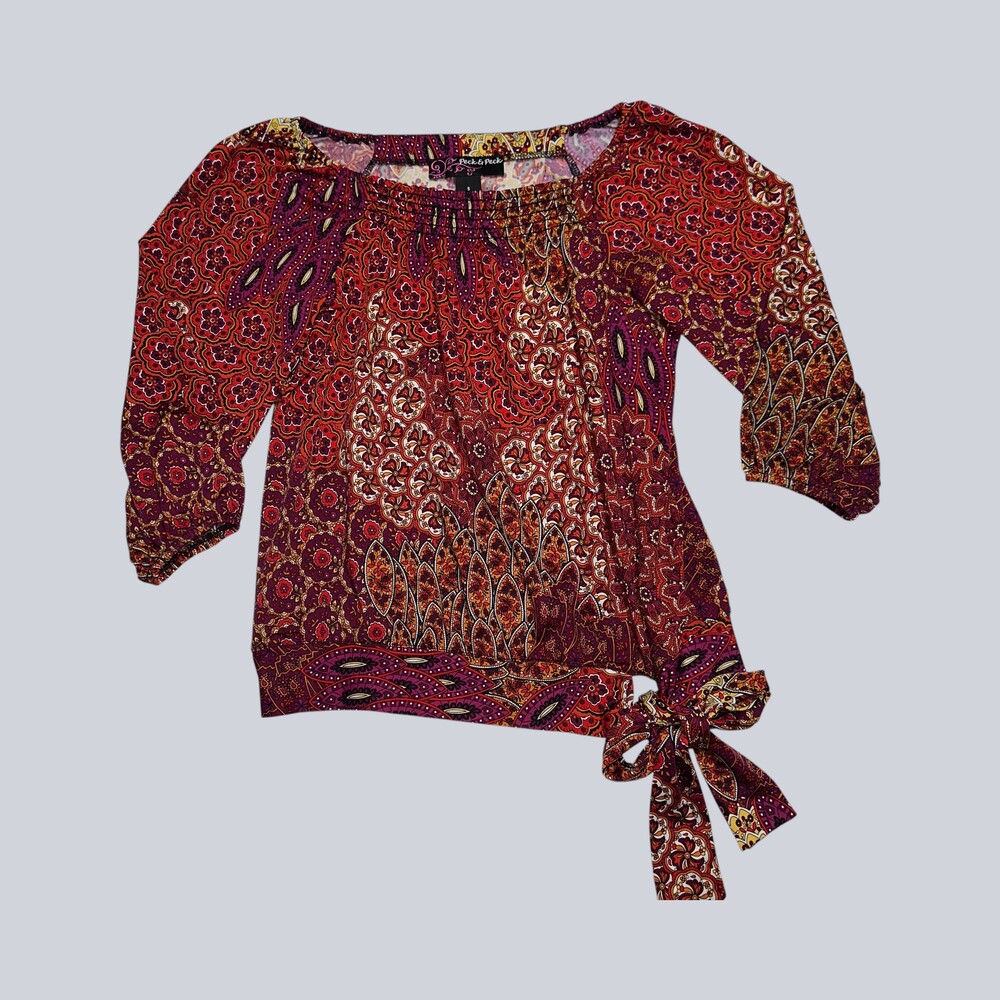 Peck & Peck Women’s Small Paisley Boho 3/4 Sleeve Tie Hem Top Made in USA